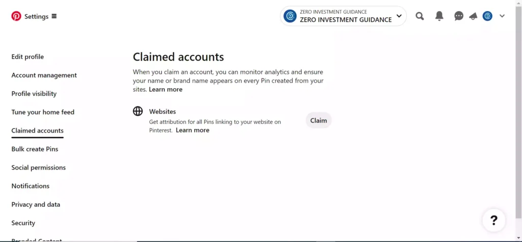 Claim your website on pinterest