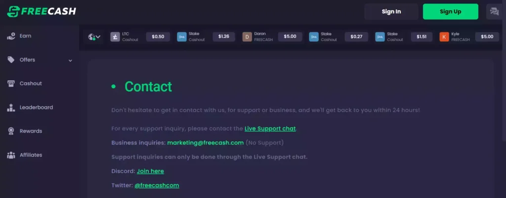 Freecash Customer Support