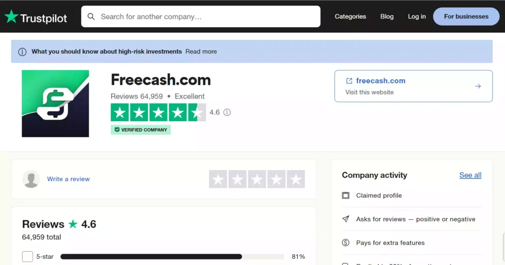 Freecash Reviews on trustpilot