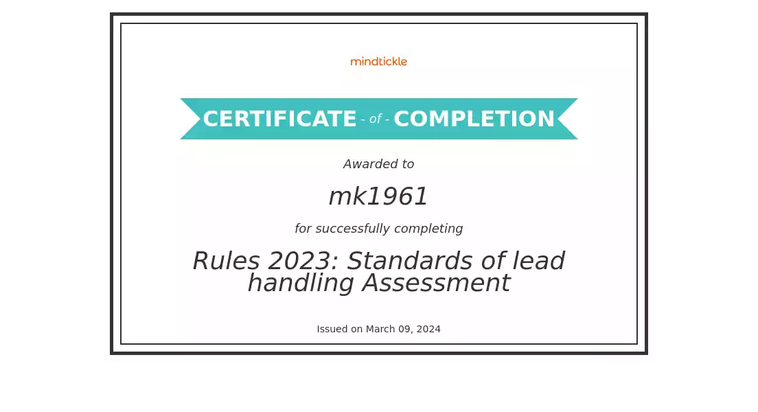 Standards of lead handling Assessment Certificate